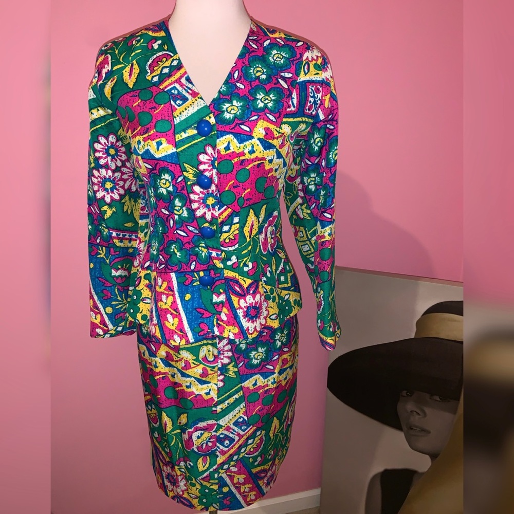 1980s Vintage Multi-Colored Print Skirt Suit/ Set